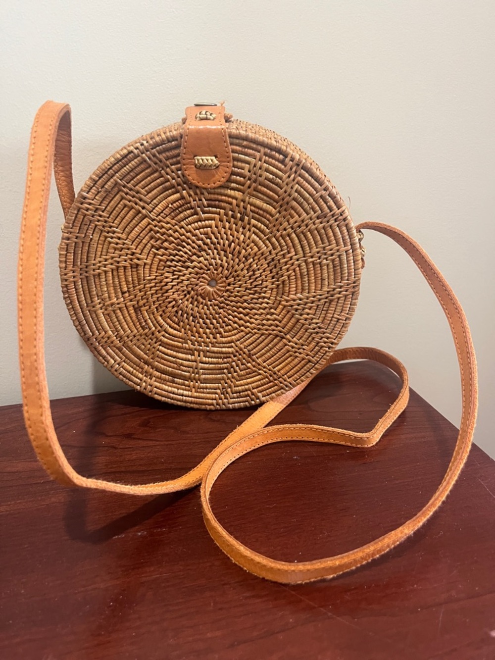 Round Woven Rattan Crossbody Bag in Tan with Long strap